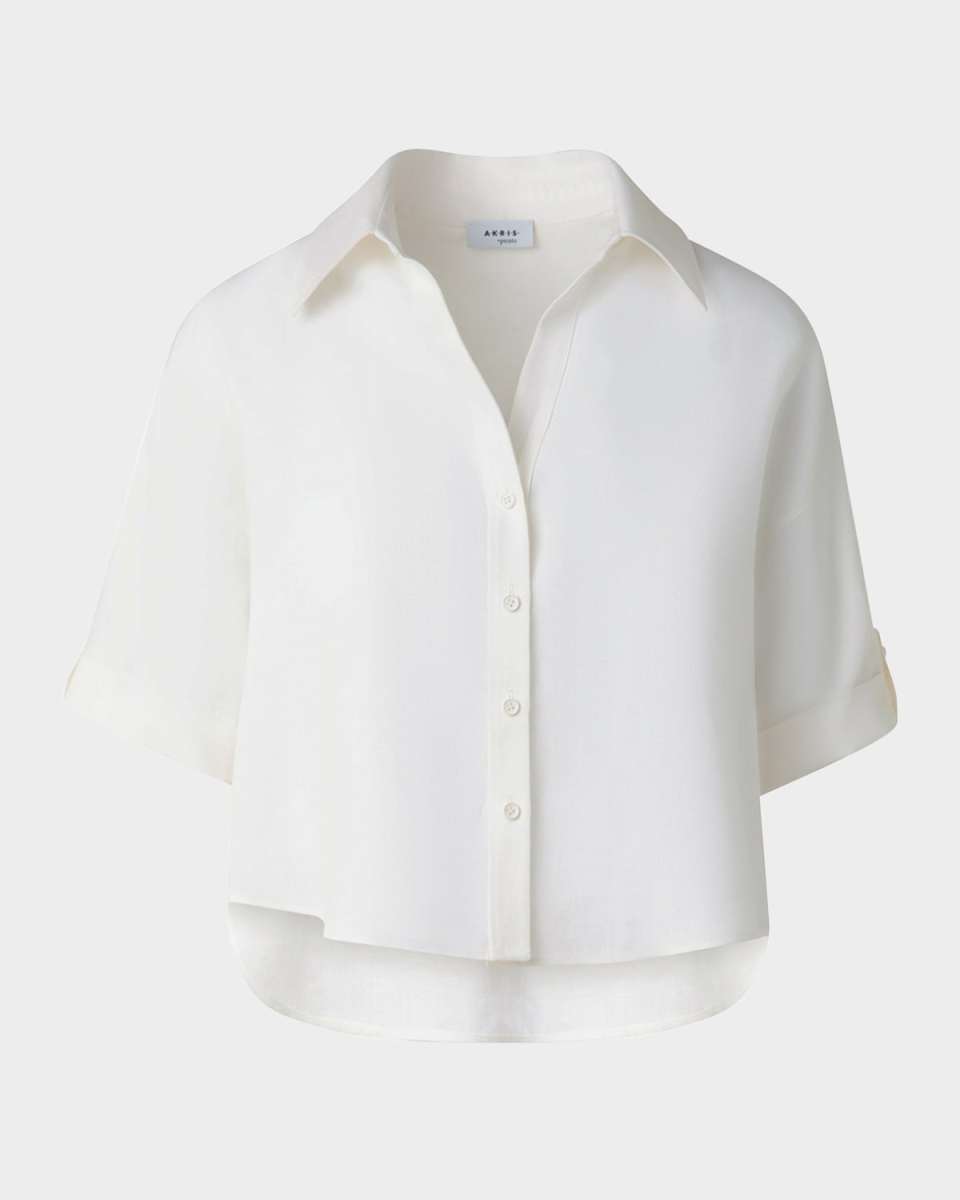 Short-Sleeve High-Low Button-Down Blouse